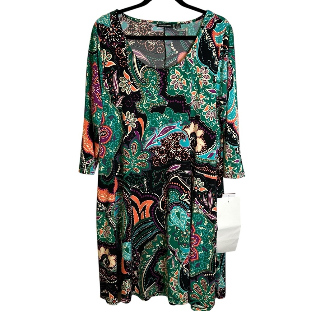 Nina Leonard Black Green V-Neck‎ 3/4 Sleeve Dress Black Combo L5253CBTW NWT 1X